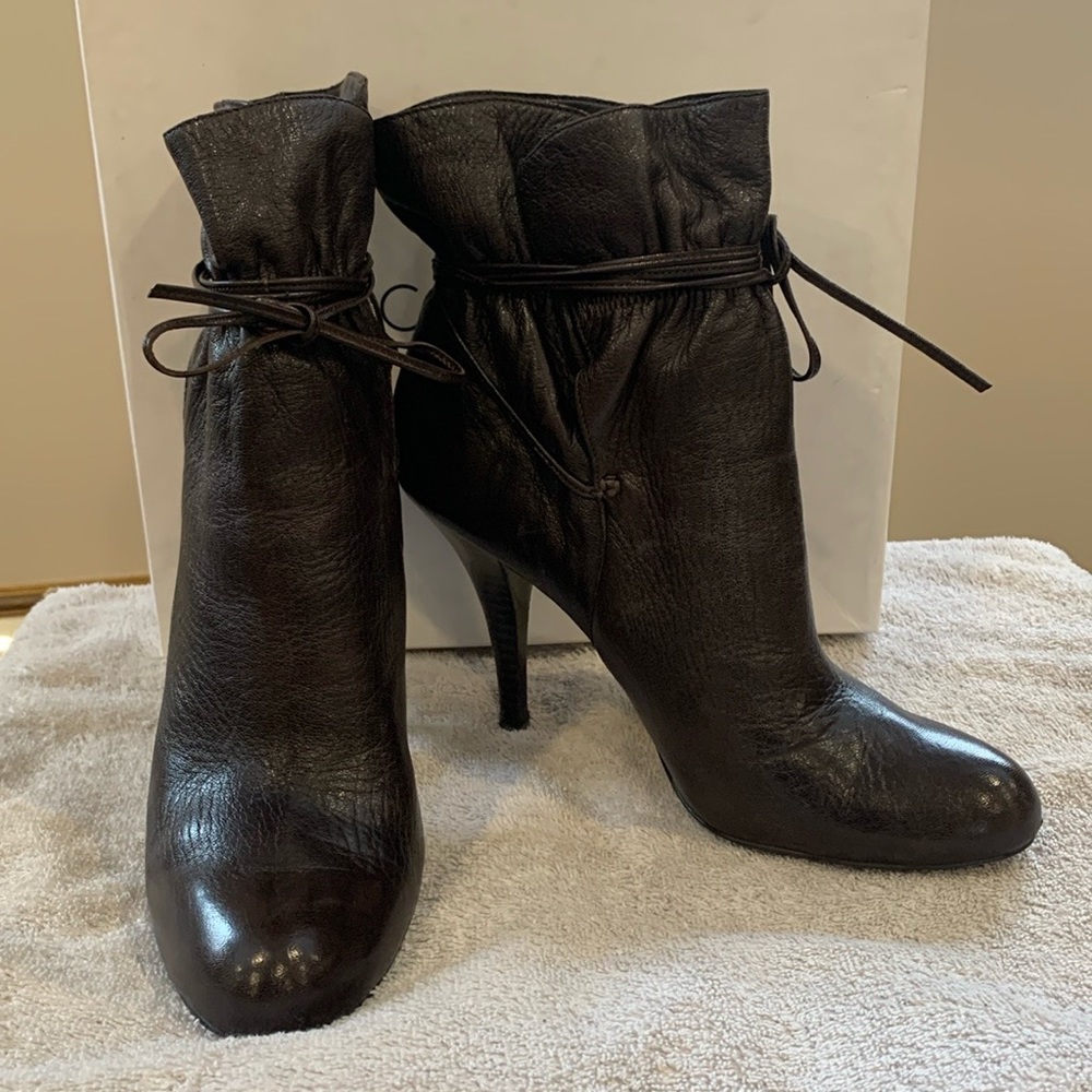 Calvin Klein high heel ankle wrap taupe/ dark brown ankle boots
